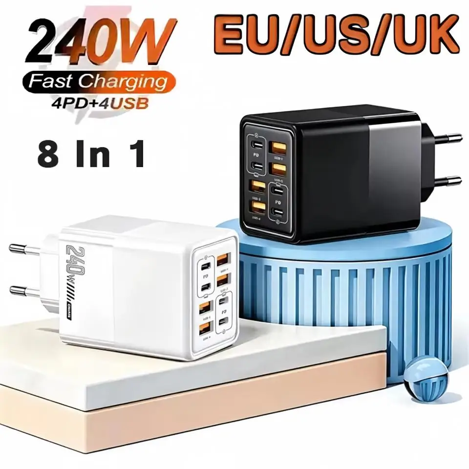 8 in 1 PD 240W Charger Fast Charging Phone Charger Power Adapter For iPhone Samsung Xiaomi Huawei EU/US/UK Plug Wall Charger