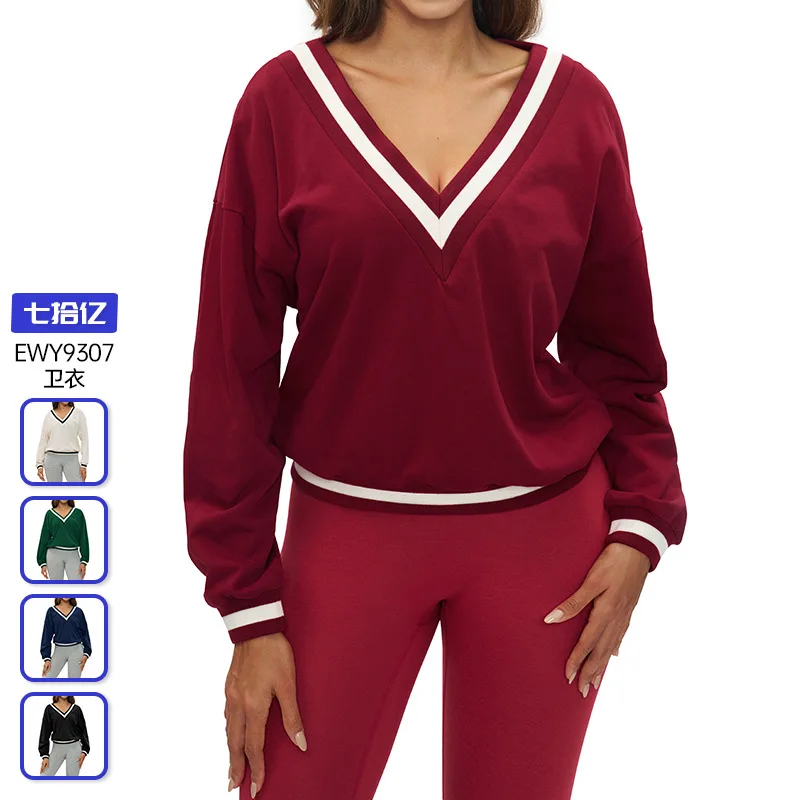 

V-neck sportswear hoodie for women, loose and casual long-sleeved top, fashionable and versatile coat 9307