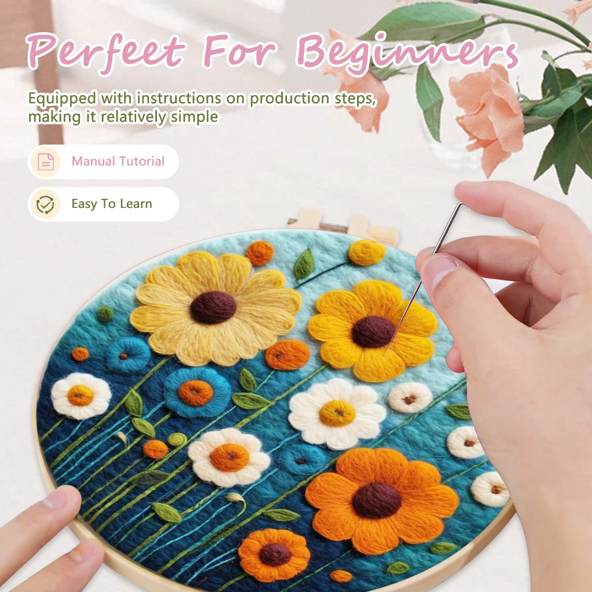 GATYZTORY DIY Wool Felting Painting Flowers Art Kit With Frame Handmade Needle Felting Painting Set For Adults Mom Home Decor