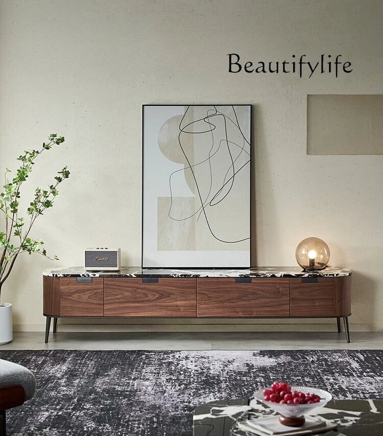 

Italian minimalist high-end natural marble living room TV cabinet modern light luxury solid wood floor cabinet coffee table