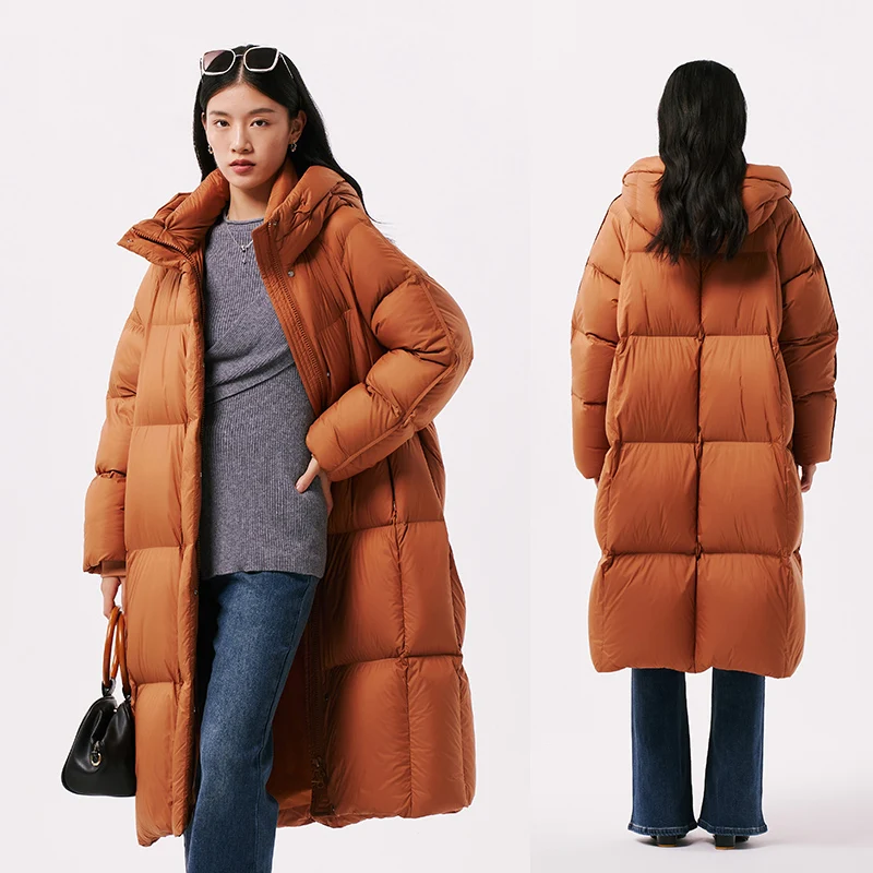 Chericom Knielange Donsjack Winter Capuchon Gewatteerd Blokontwerp Warme Lange Mouwen Dikke Losse Casual Vrouwelijke Jas Y299126Y