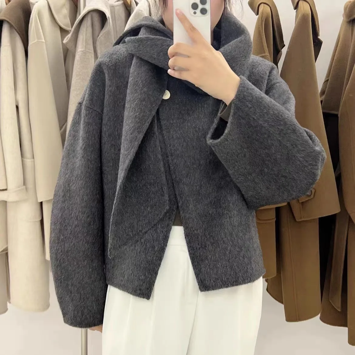 2024 Women Autumn Coats One Button Design Woolen Coat With Scarf Elegant Beige Gray Woolen Coat Veste Femme Tops