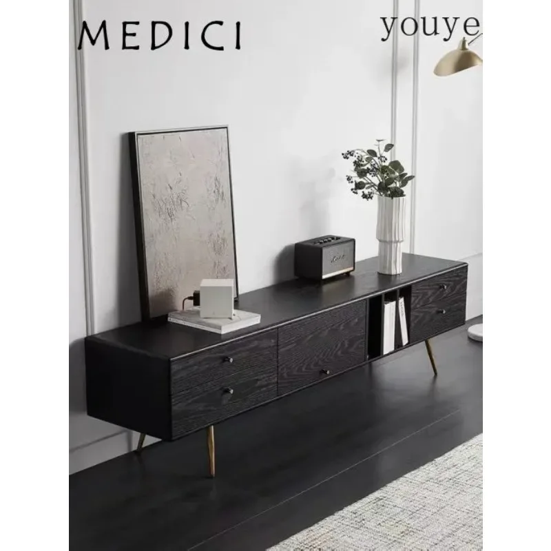 

X3 Nordic Light Luxury Simple TV Cabinet With Drawers Solid Wood Leather TV Cabinet Small Apartment Black Oak TV Cabinet