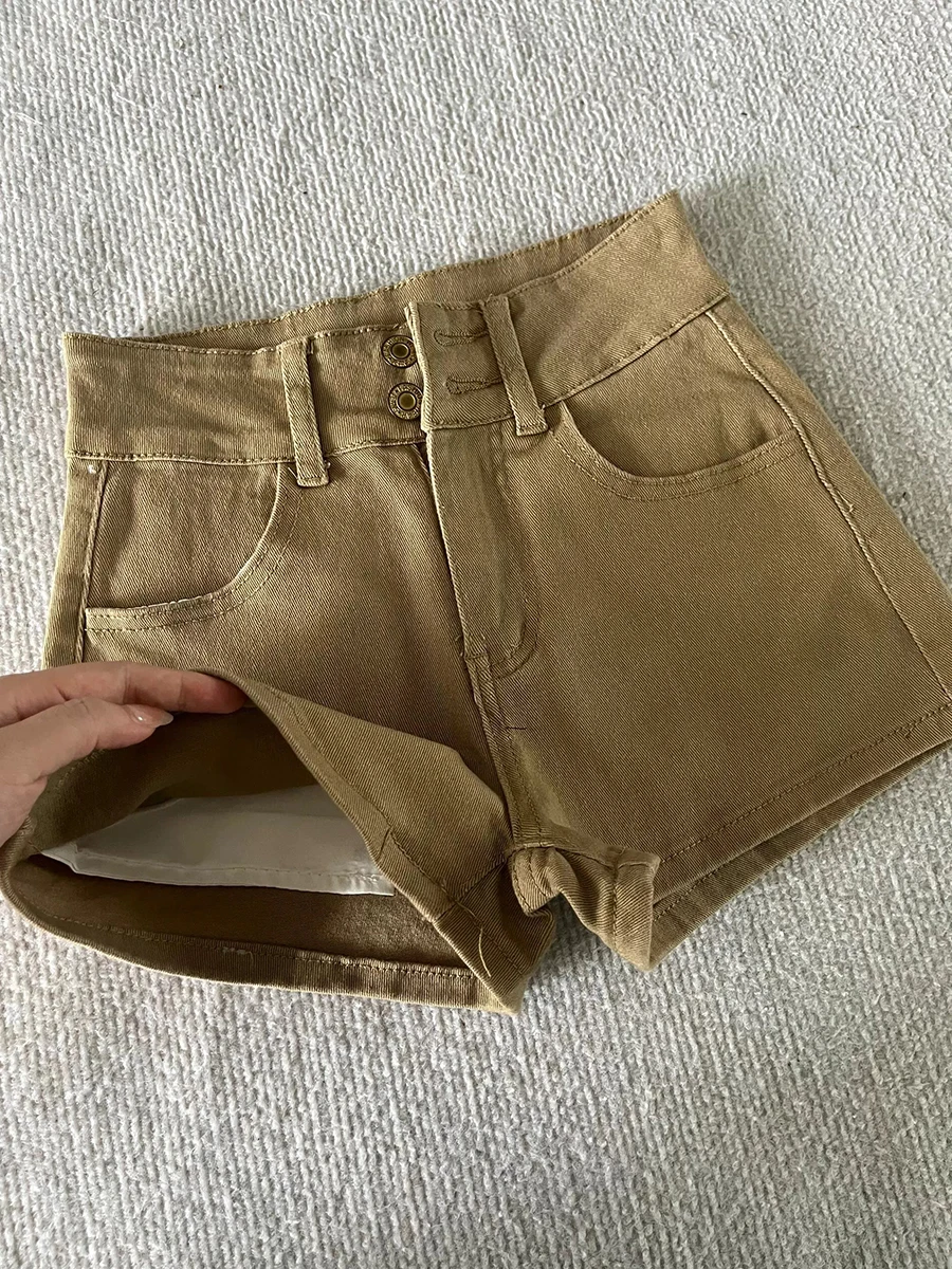 

Джинсовые шорты с высокой талией, прямые, эластичные, женские, летние, больших размеров, цвет хаки, фасон А-силуэт, в американском ретро-стиле