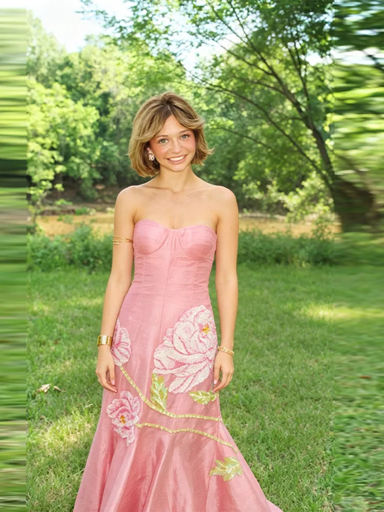

Women's Strapless Floral Beaded Mermaid Maxi Dress Chic Pink Off Shoulder Night Gown 2026 Elegant Ruffled Formal Floor Vistidos