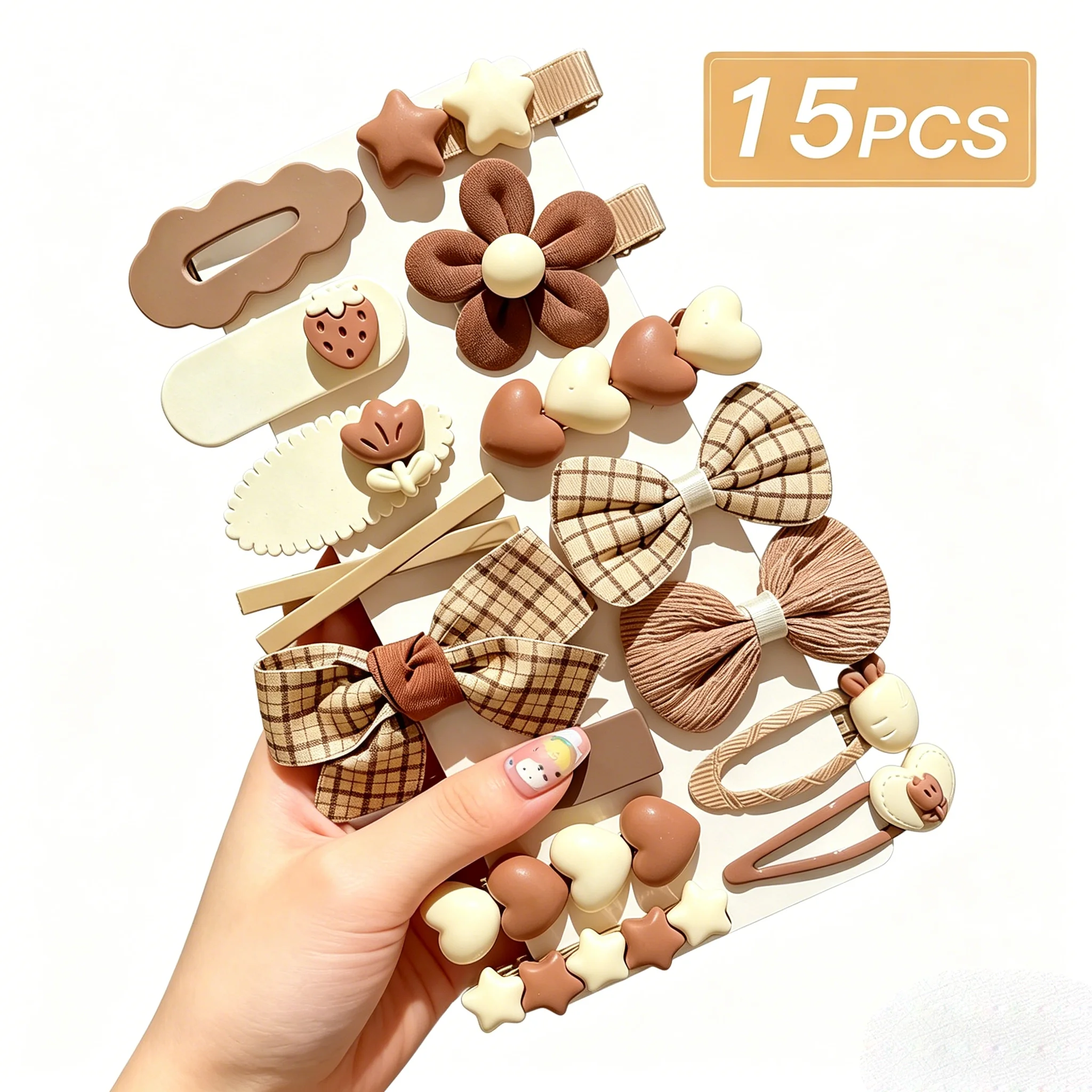 

15Pcs Sweet Milk Coffee Hair Clips Set, Cute Bow Flower Barrettes, Hair Accessories