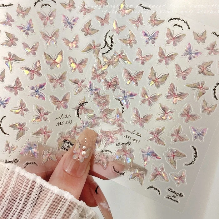 New Shining Aurora Shell Light Butterfly Nail Stickers 5D Nail Art Design Decoration Decals DIY Manicure High Quality