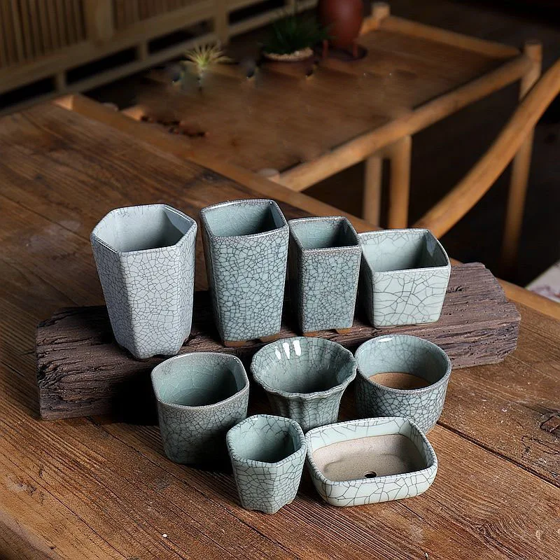 Yixing Celadon Crackle Style Miniature Ceramic Flowerpot Mini Flowerpot Household Decor Green Plant Miniature Bonsai Pot ZD06