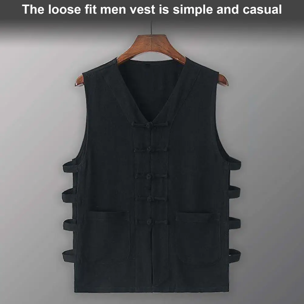 Men Vest Outerwear Retro Disc Buckle Design Men's V-neck Tank Top Loose Fit Solid Color Street Style Vest for Wear Men Vest