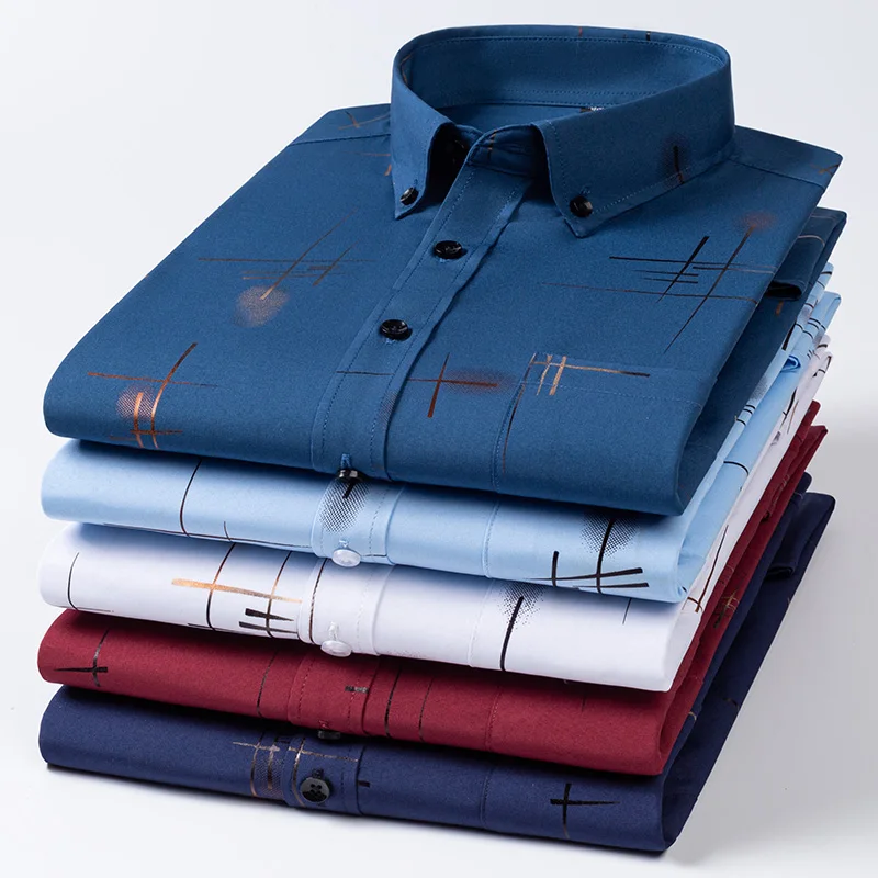 Najnowsze męskie koszule wiosenne jesienne bez żelaza przeciwzmarszczkowe biznesowe na co dzień z nadrukiem cienka krata miękka koszulka Slim Fit Homme
