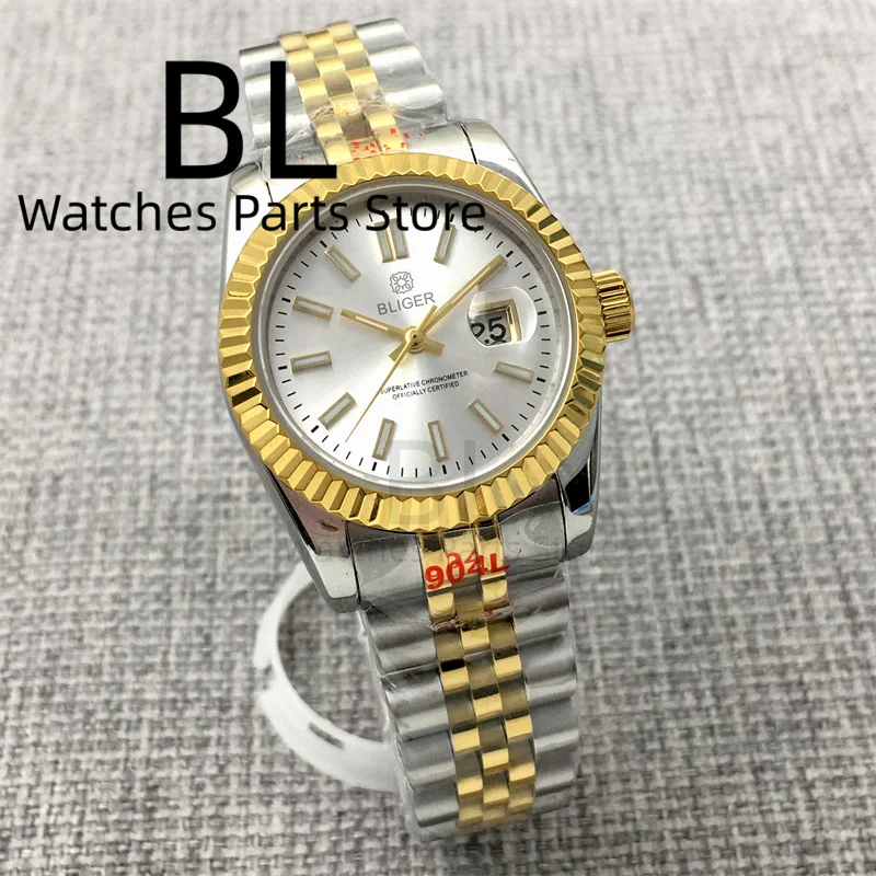 BLIGER 31mm Two Tone Gold Mechanical Lady's Watch NH05 Movement Sapphire Glass Waterproo Sunburst Dial Gold Index Green Luminous