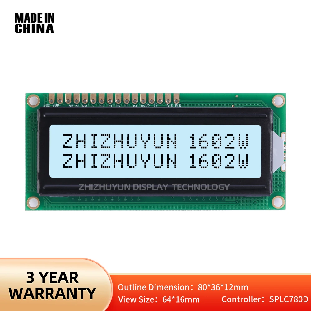 1602W Character Screen Grey Film Black Characters 64.5 * 16MM Large Window Display Module High Brightness LCD Screen