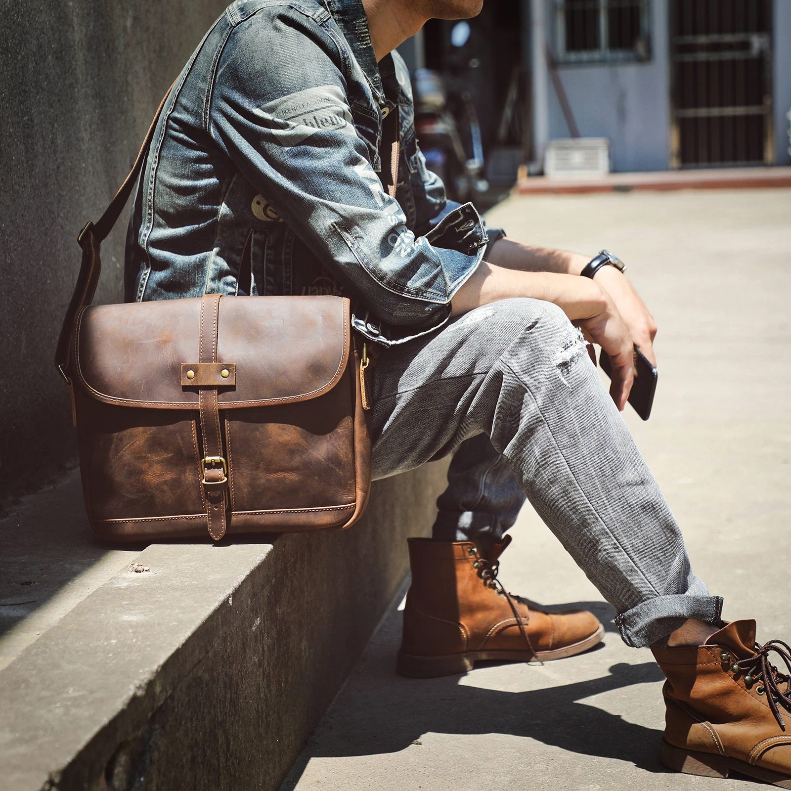 Echte Leder-Umhängetasche 11" Vintage Herren-Umhängetaschen Crazy Horse Leder Schultertasche Rindsleder Retro Mode Casual Pre – Detail 4