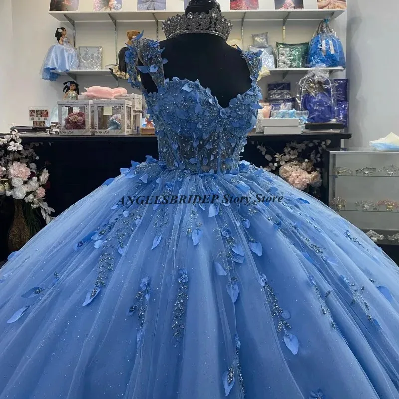 Angelsbridep-Vestidos Quinceanera Azul Céu Brilhante, pérola cristal, aplique floral 3D, vestido de aniversário formal, 15 anos, 24 anos, 2024