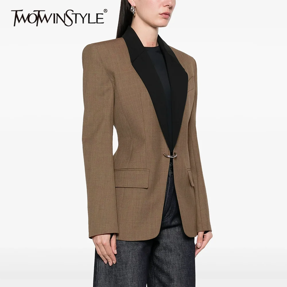 

TWOTWINSTYLE Hit Color Slimming Spliced Metal Ring Fashion Blazers for Women Lapel Long Sleeves Patchwork Pockets Blazer Female
