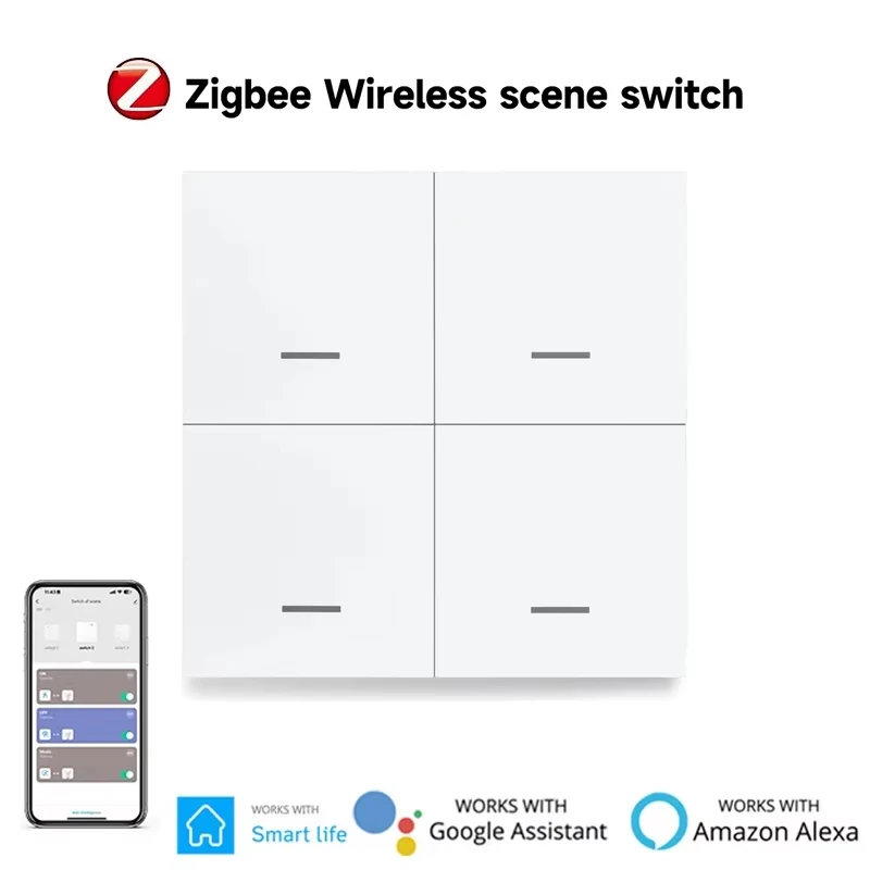 

Tuya ZigBee Smart Scene Switch 4-кнопочный переключатель Домашний помощник Tuya Smart Home Zigbee 4 Gangs Switch Управление через приложение Голосовое управление