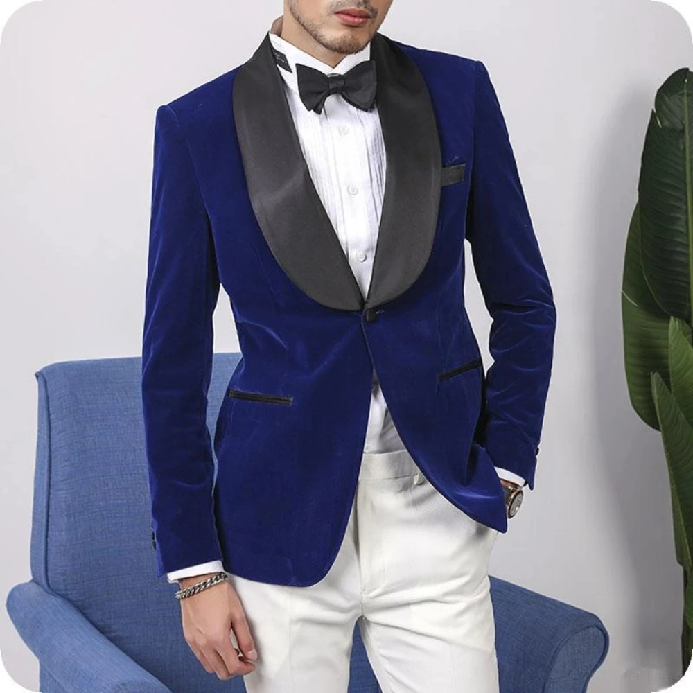 

Royal Blue Velvet Wedding suits for Groom Party Casual Slim Fit Men Suits 2 Pieces Male Fashion White Pants Smoking Blazer