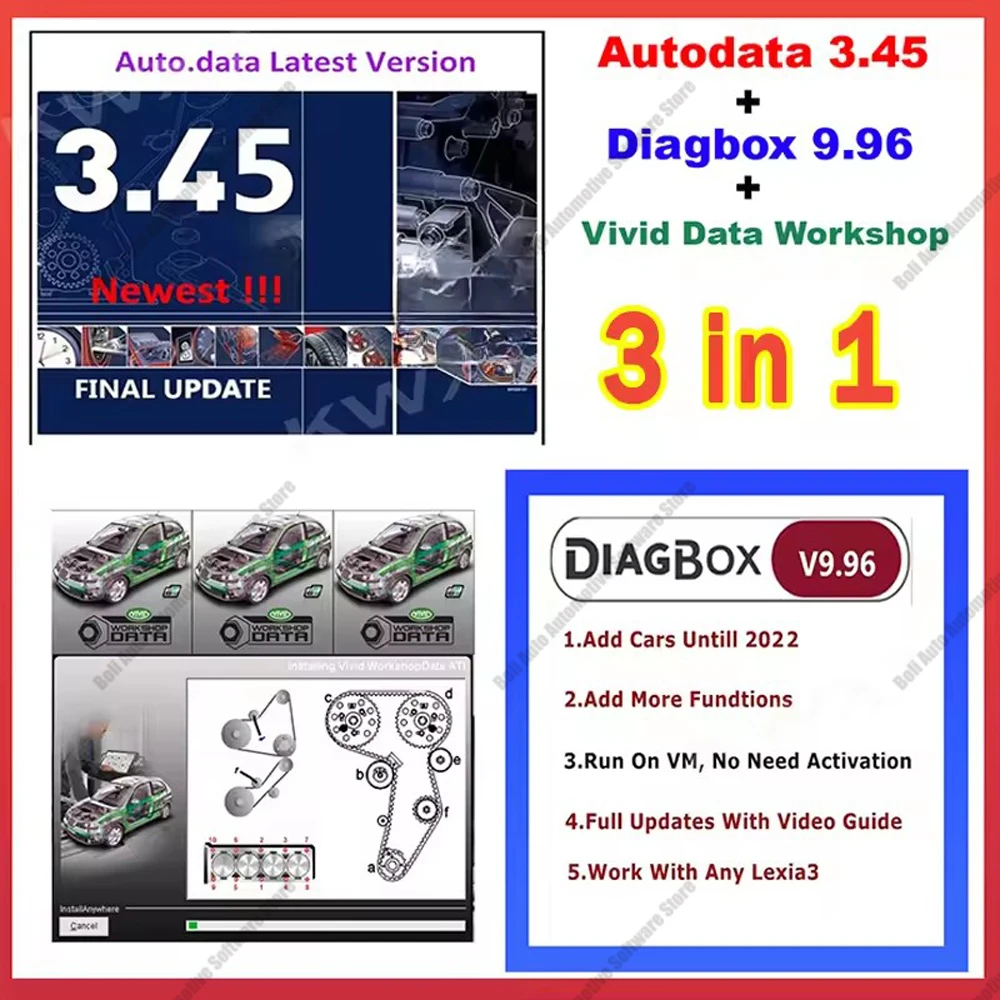 Car 3 in 1 Auto Data 3.45 + Diagbox 9.96 + Vivid D2018 ata Workshop  car Free  Repair Auto Diagnostic Virtual Box Data