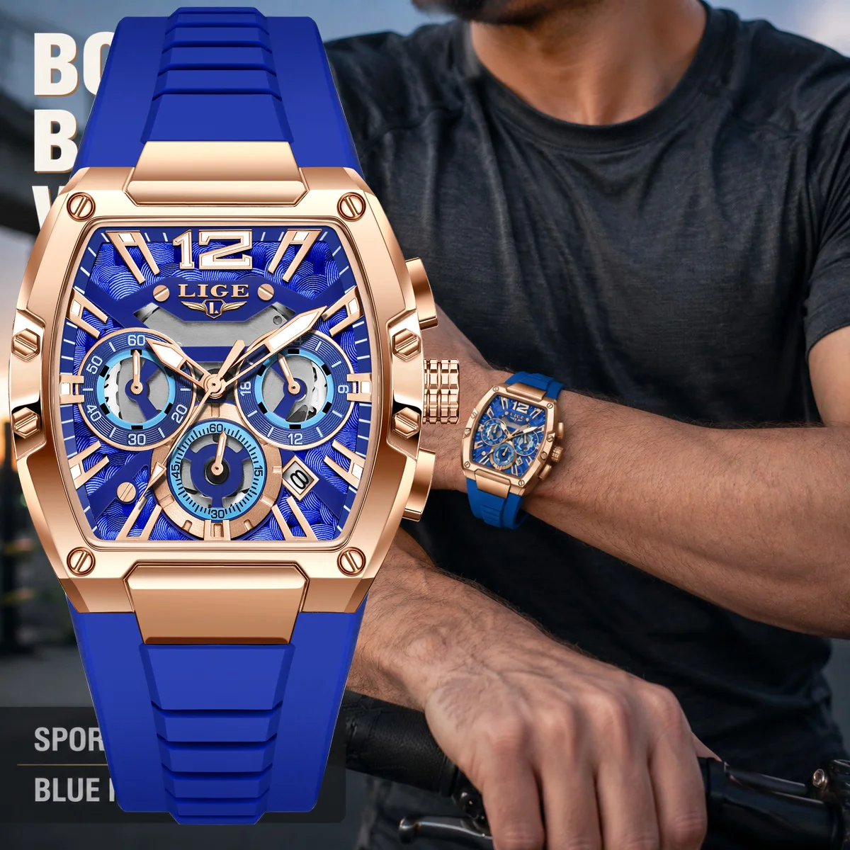 LIGE Man Wristwatches Creative Square Watch for Men Sports Chronograph Luminous Date Clock Top Brand Luxury Hollow Watch Men