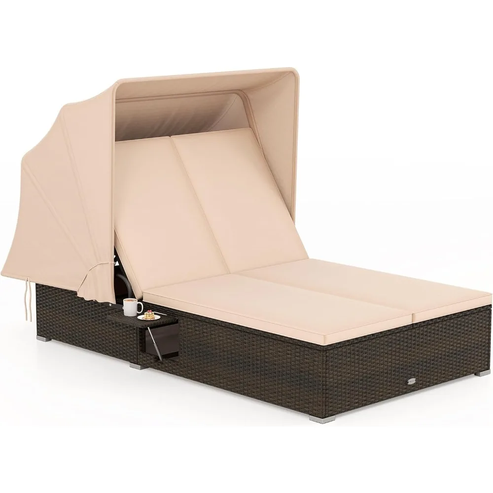 

Outdoor Rattan Daybed with Retractable Canopy, 2-Person Lounge Bed with 5-Position Adjustable Backrest, Foldable Side Shelves,