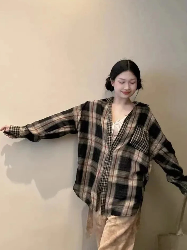 

Vintage American Plaid Shirt Women Loose Harajuku Long Sleeve Streetwear Blouse Fall Casual Retro Oversize Bf Gothic Hip Hop Top