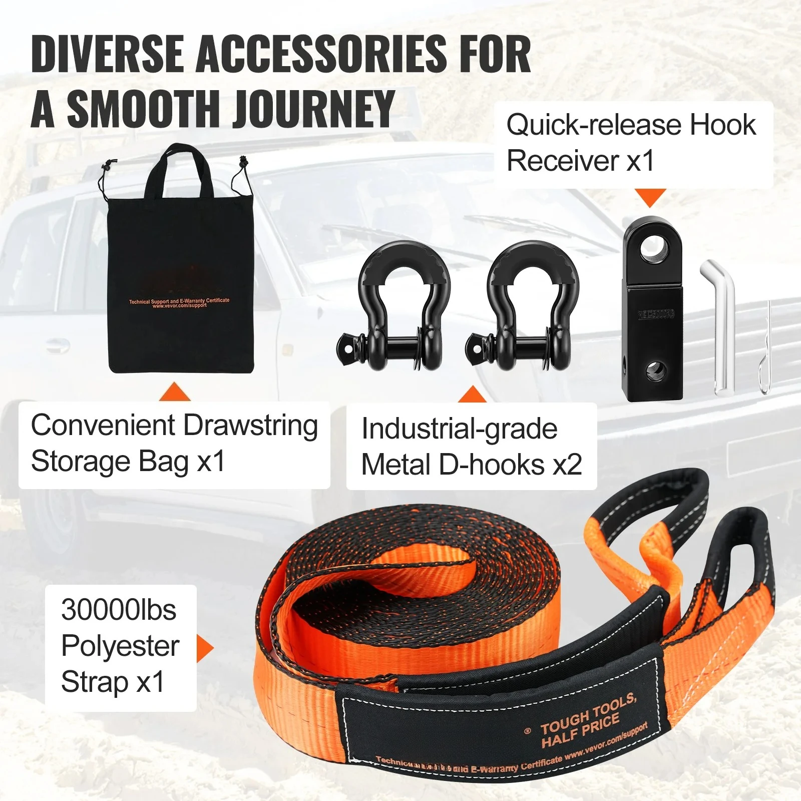 

Off-Road Recovery Kit 3" x 30' Heavy Duty Winch Recovery Kit with 30,000 lbs Tow for ATVs Jeeps Off-Road Vehicles Trucks