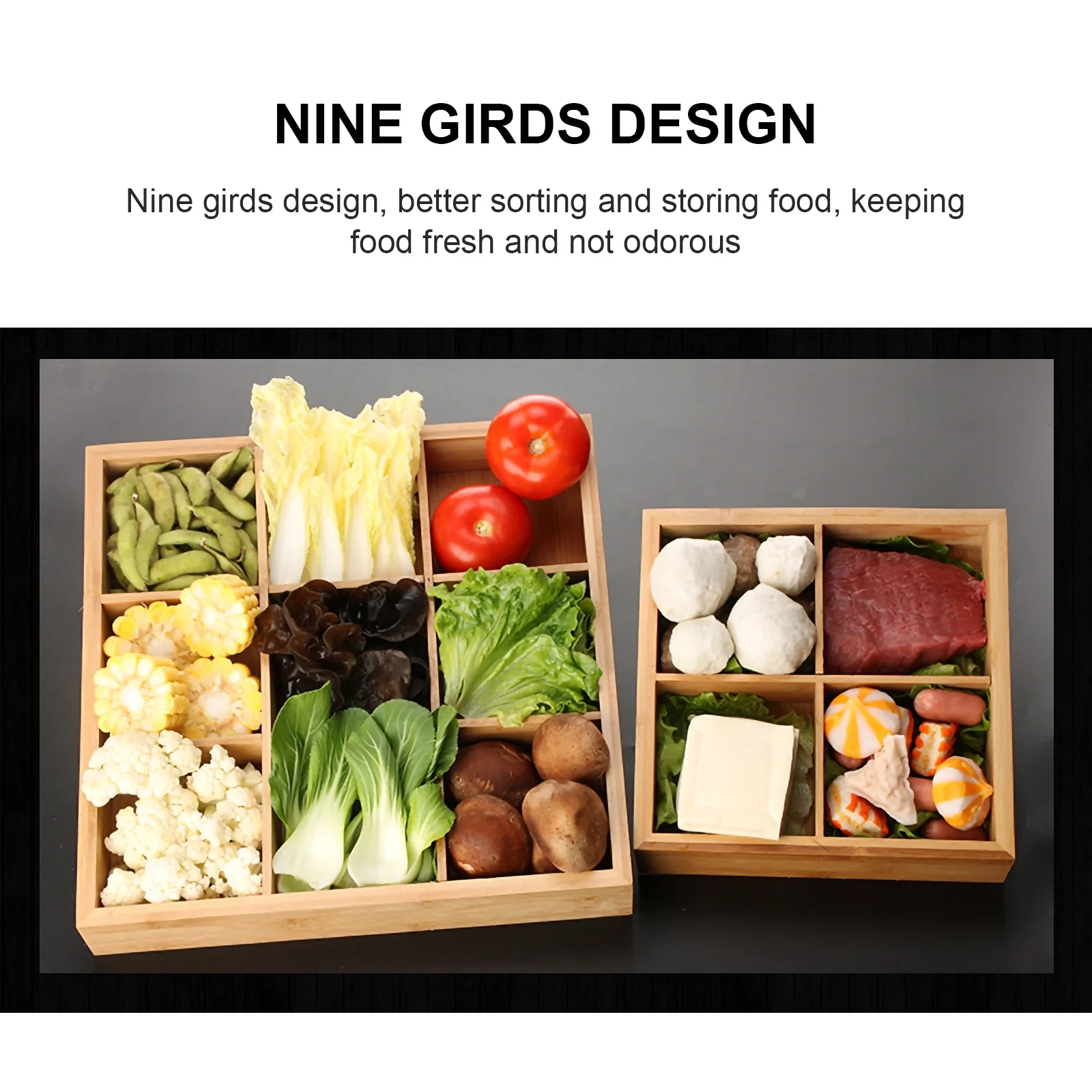 

1pc Hotpot Divided Plate Bamboo Food Serving Tray Compartmented Vegetable Dish Nine Grids Container Easy Clean