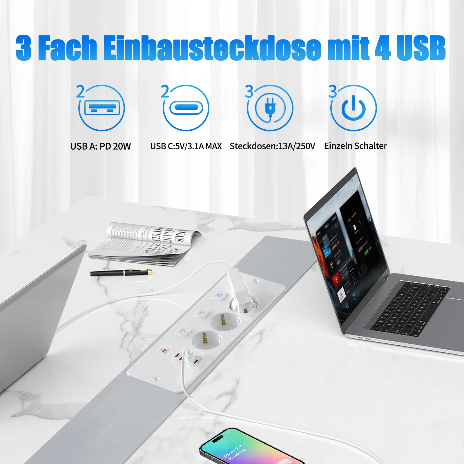 EU Plug Table Recessed Socket Power Strip with Individual Switches, Bulit in socket with 2 USB A 2 USB C Etractable Outlet