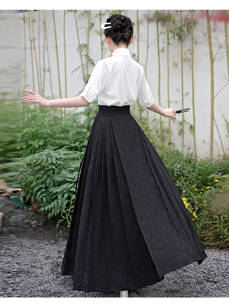 تنورة وجه حصان هانفو للسيدات جديدة لعام 2025 زي هانفو الصيني التقليدي بياقة واقفة تنورة كلاسيكية بطيات باللون الأسود #3