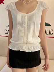 Women Folds Lace Trim White T-Shirt 2024 Summer Single Buttons Cotton Short Sleeve Tees Female Casual Vintage Sweet Tshirt Top