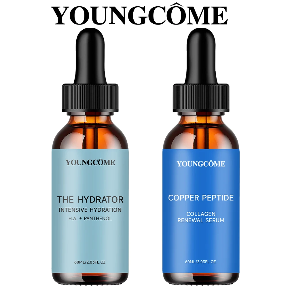 YOUNGCOME Copper Peptide Collagen Serum & H.A. + Panthenol Hydrating Serum Duo – Facial Serum Set for Daily Moisture, 40/60ml