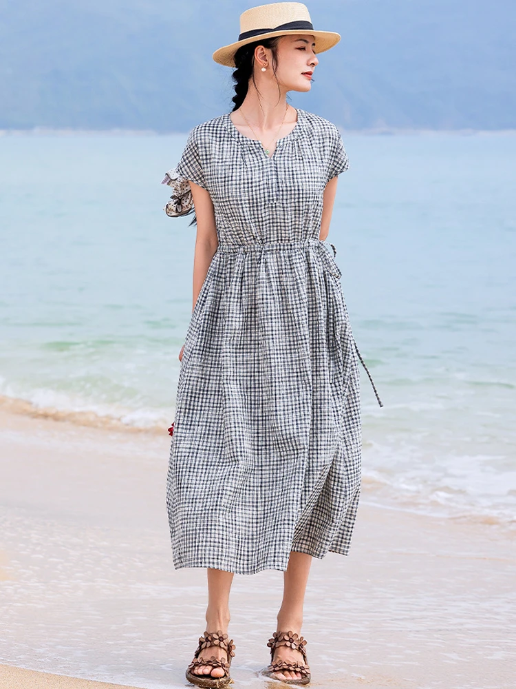 

Women Cotton Linen Long Dress New Arrival 2026 Summer Vintage Style Plaid Pattern Loose Female Casual A-line Dresses M2787