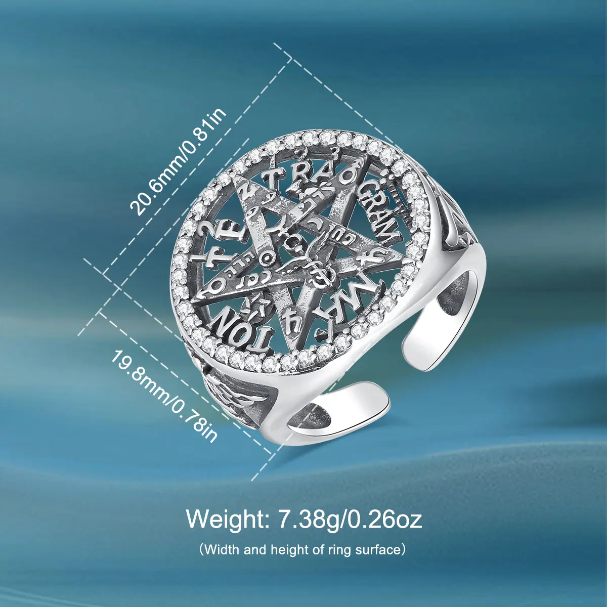 Eudora 925 Sterling Silver Tetragramatón Adjustable ring for Women Man Zircon Pentagram Signet Ring Pentacle Jewelry Witch Gift