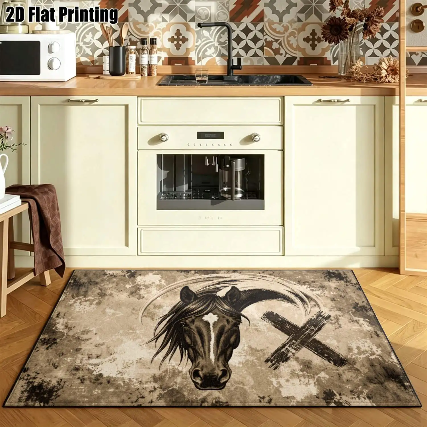 1Pc 2D Printed Retro Horse Head Pattern Carpet: European, Bohemian, Geometric Styles, Home Decor, Multiple Sizes, Machine Washable, Ideal for Entryway, Dining Room, Foyer, Bedroom, Living Room