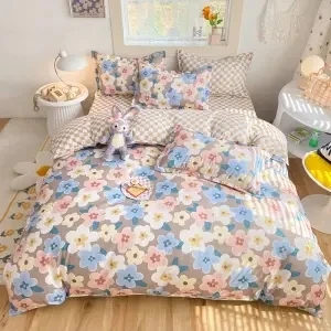 

Colorful Simple Flower Duvet Cover Floral Korean Style Bedding Set Blue Pink Single Full Double Queen King Size Fashion