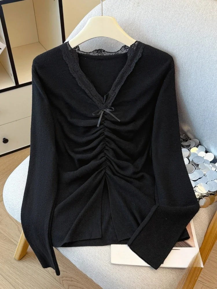 Einfachheit Elegante Trend Spitze Patchwork Pullover Herbst Winter Neue Mode Frauen Pullover Solide V-ausschnitt Langarm Mode Jumper
