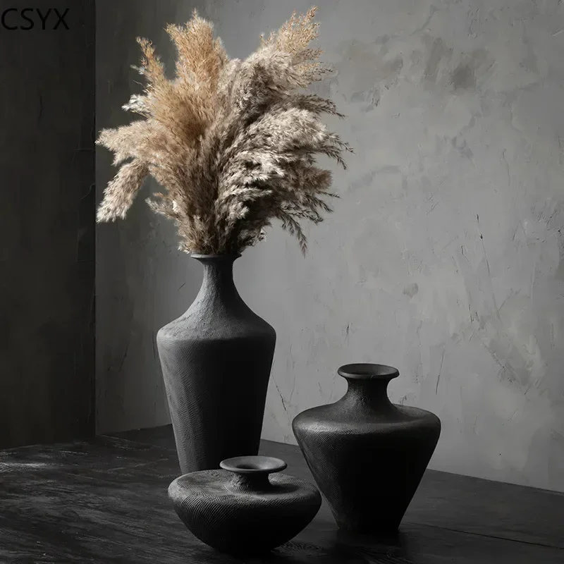 Zen Vintage Handcrafted Ceramic Vase, Black Floral Wabi-Sabi Style, B&B/Hotel & Chambre Decorative Ornament