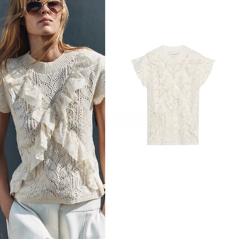 

Spring New Women's round Ne ort Sve Knitted Me Fabric Embroidery Decorated Layered Top Straight Tube Polyester Fiber