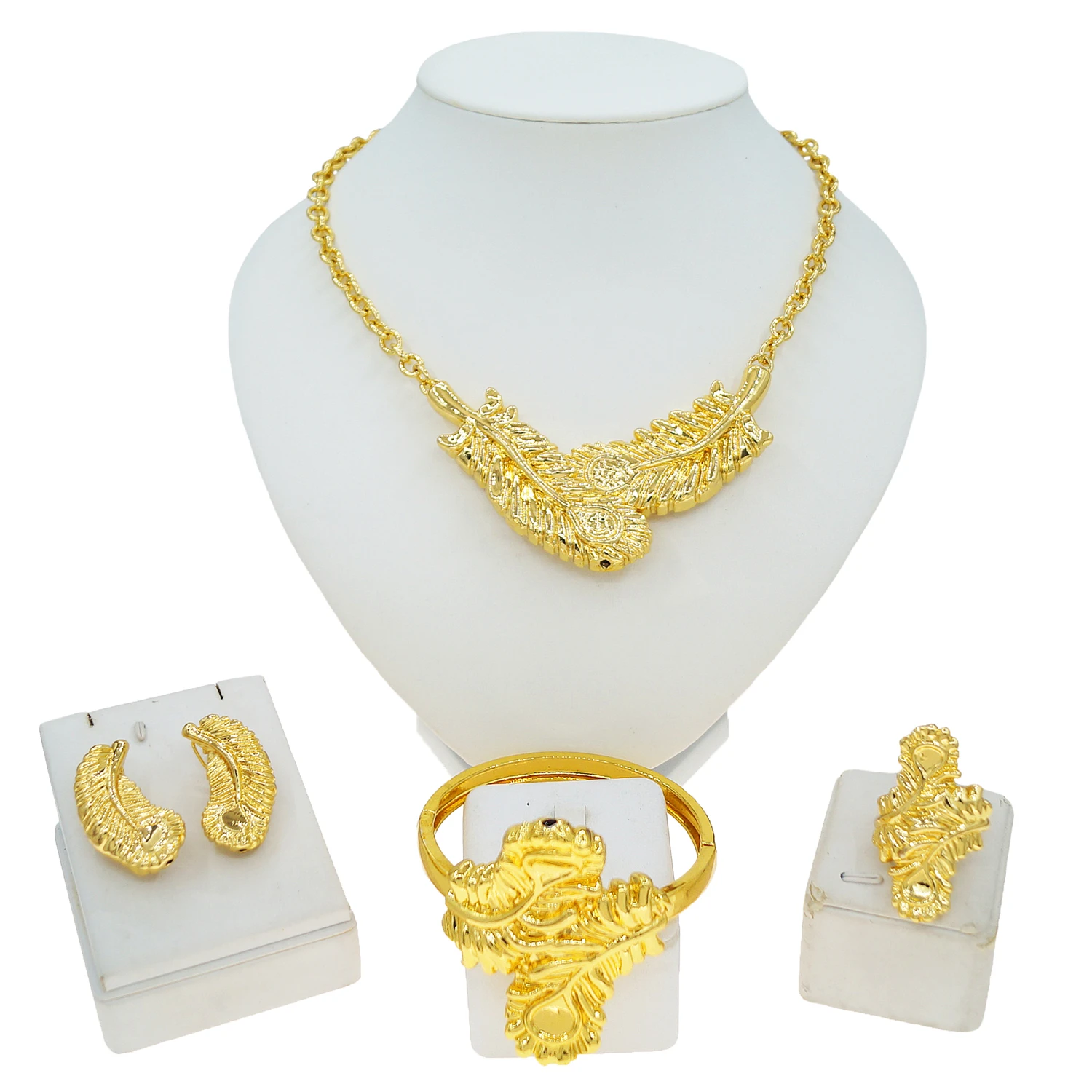 

Yulaili new 18K gold-plated jewelry four-piece set Chinese designer jewelry vitality feather shape Nigerian girl birthday gift