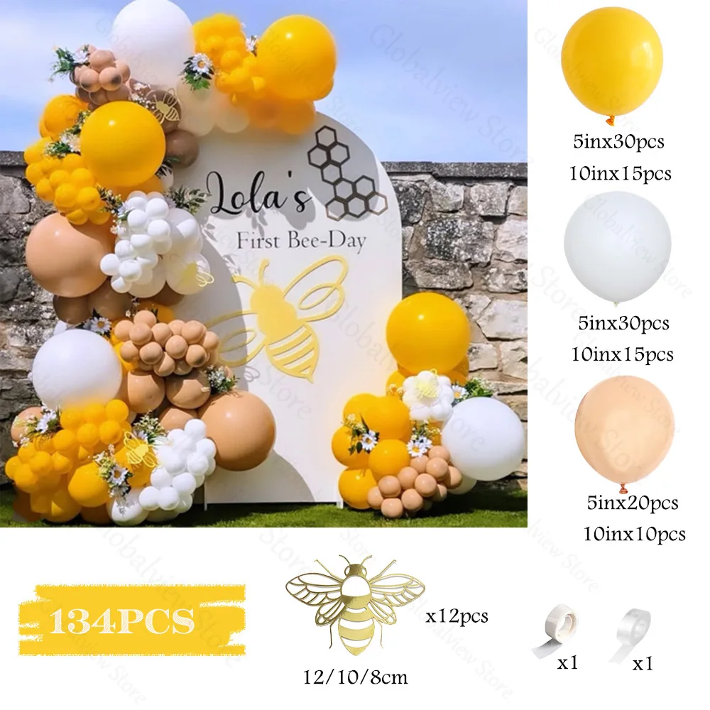 134Pcs Bee Yellow White Balloon Arch Garland Kit Bee Stickers for Bumble Bee theme Birthday Baby Shower Party Backdrop Decor