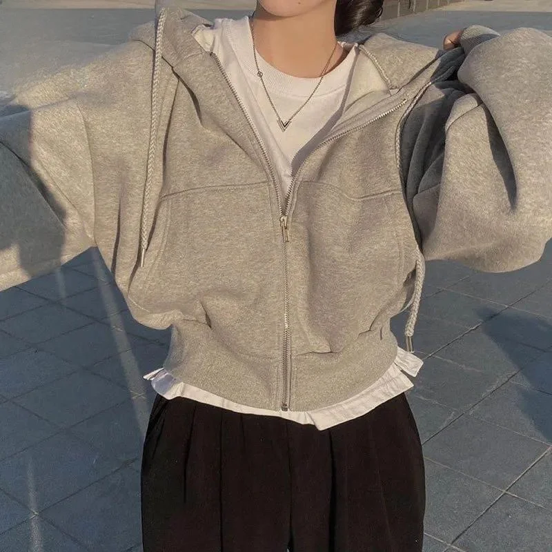 韓国スタイルの女性のフード付きスウェットシャツロング秋冬スポーツウェアヨガフィットネスファン用品ウッドコットン 00% ショートコート