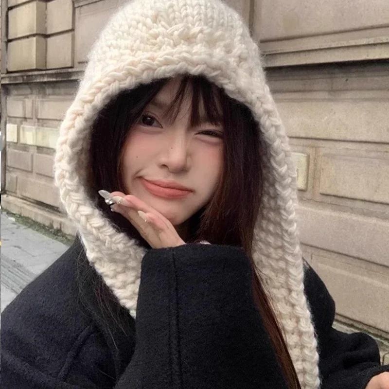 Winter hat Cute beanie Women\'s Knitted Hood Scarf Warm Ear Protection Cold Windproof Cap Winter Fashion Woolen Pullover Hat