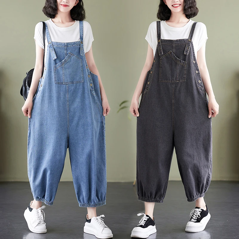 

Loose Women's Denim Overalls Straight Leg High Waist Nine Points High Temperature Regulation Spring Summer Autumn Seasonal Use