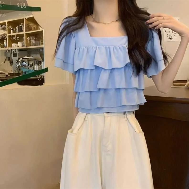 เสื้อชีฟองทรงหลวม คอเหลี่ยม แขนสั้น สไตล์เกาหลี รุ่นซัมเมอร์ 2024 ดีไซน์หวาน แฟชั่น แต่งระบายชายเสื้อ