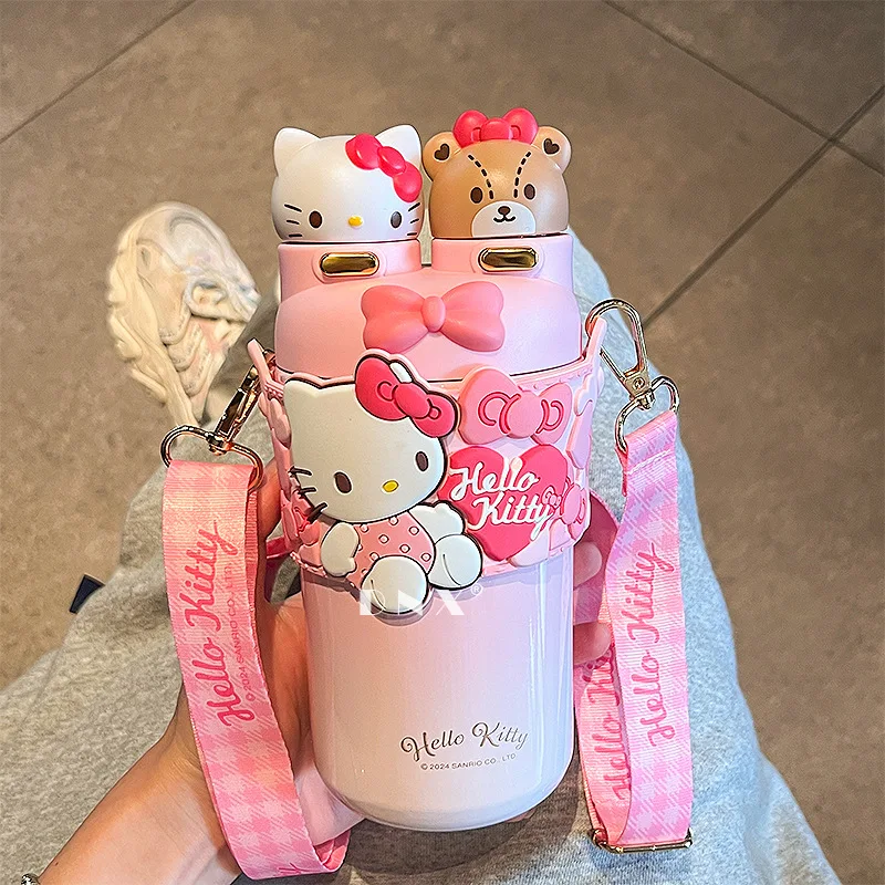 Cartoon Sanrio Hello Kittys Thermos Cup Animation Peripheral KT Double Drinking Straw Cup Girl Portable Hangyodon Doll Water Cup