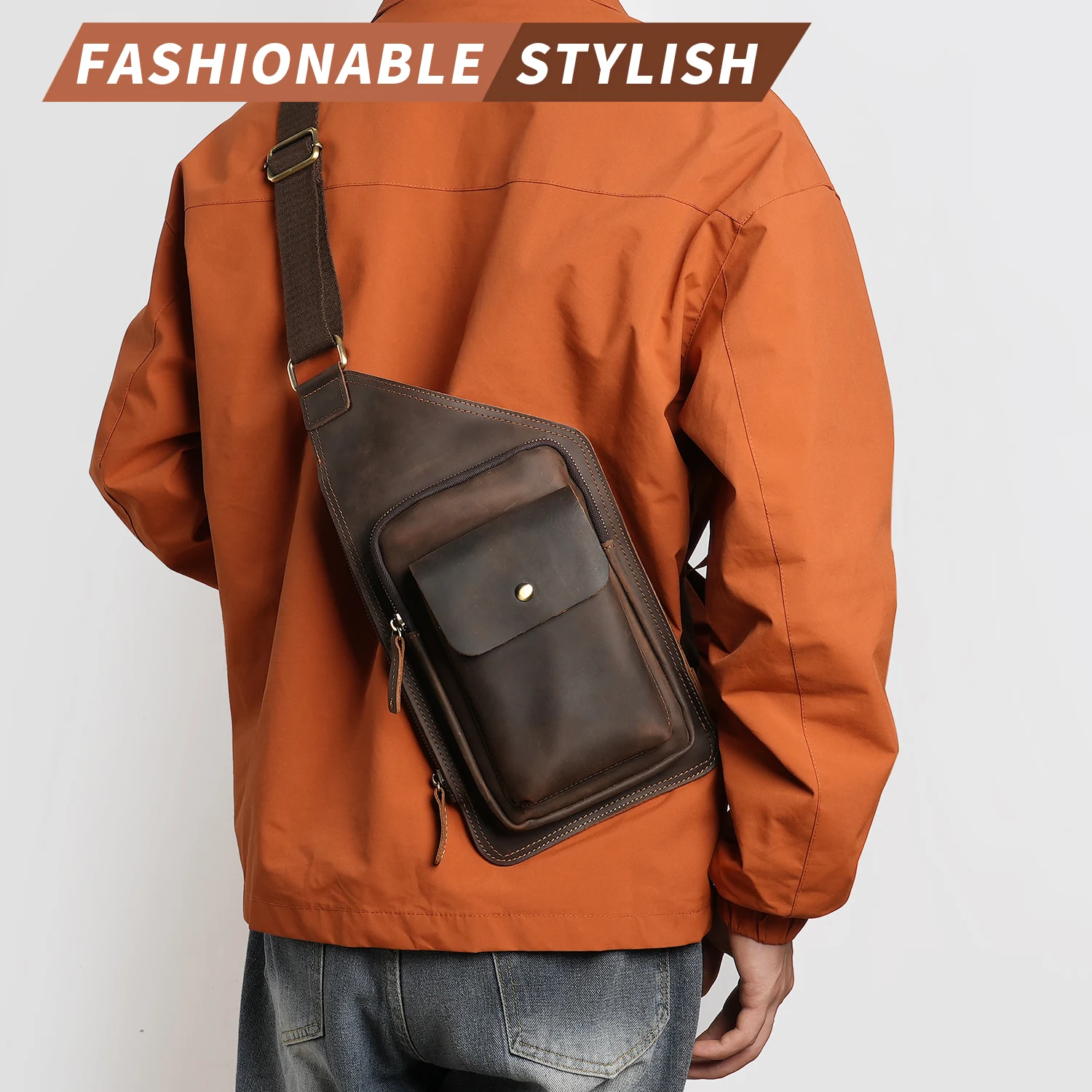 YATBEST Men's Crossbody Bag Leather Daily Commuter Large Capacity Retro Shoulder Bag Multi Pocket Chest Bag