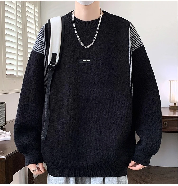 2025 Autumn Winter Gray Black Green White Round Neck Long Sleeve Striped Thickened Warm Loose Casual Knitted Sweater