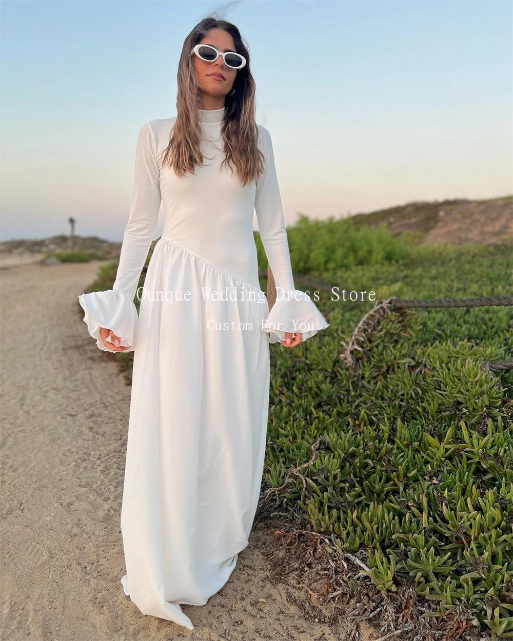 Qunque White Ruched Wedding Dress For Women Simple High Neck Beach Bride Gown Soft Satin Flare Sleeves Robe De Mariée Customized