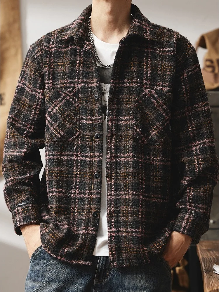 

Premium Woolen Men's irt American Retro Plaid Color Blo Workwear Jaet Casual Sle Outerwear Youth Faion Autumn New