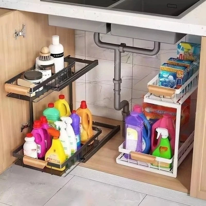 Portable 2 Tier Pull-Out Under Sink Organizer Bowl Plate Drainer  Kitchen Storage Supplies